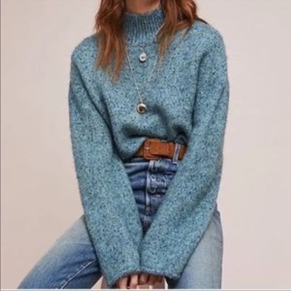 Anthropologie Moth Sparkle Knit Tinsel Mock Neck Turtleneck Sweater Blue Small - Picture 7 of 7